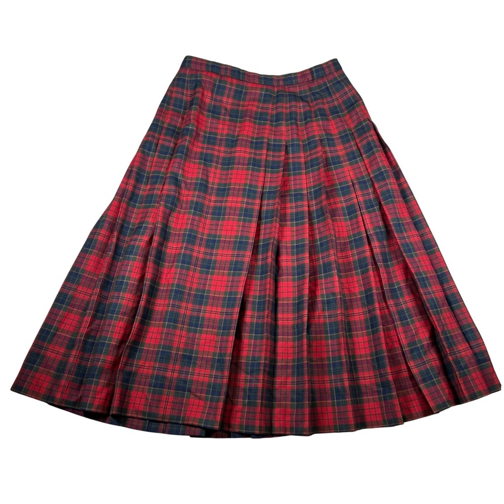 Pendleton Vintage Red Green Plaid‎ Wool Pleated Midi Skirt Heritage USA Tartan